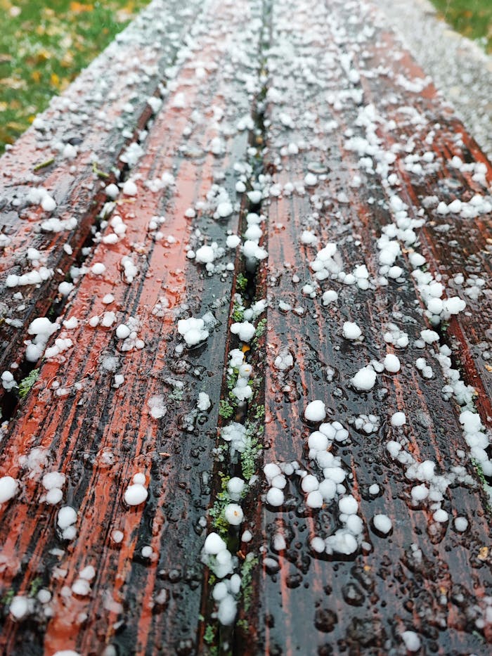 Close-up of hailstones scattered on a wet wooden surface post-storm.